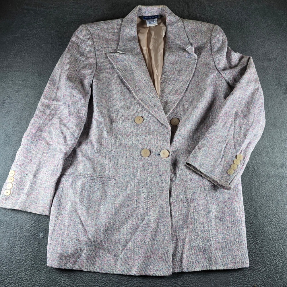 Austin Reed Silk Blend Double Breasted Blazer Multi Color Tweed Vintage 10